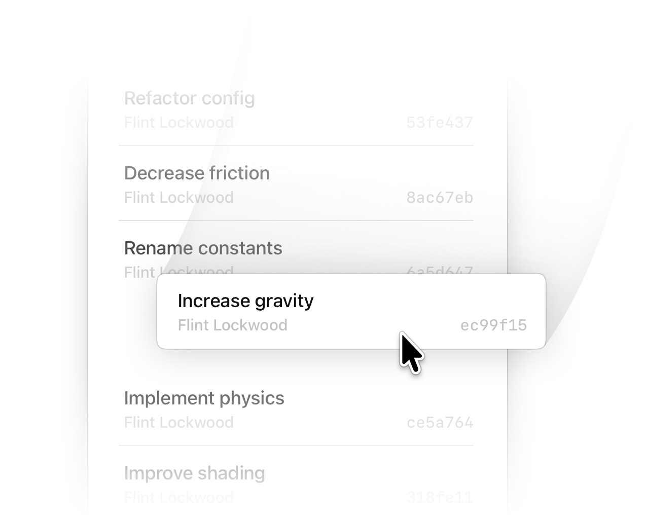 A commit list. A new commit titled “Increase gravity” is being inserted by drag-and-drop.