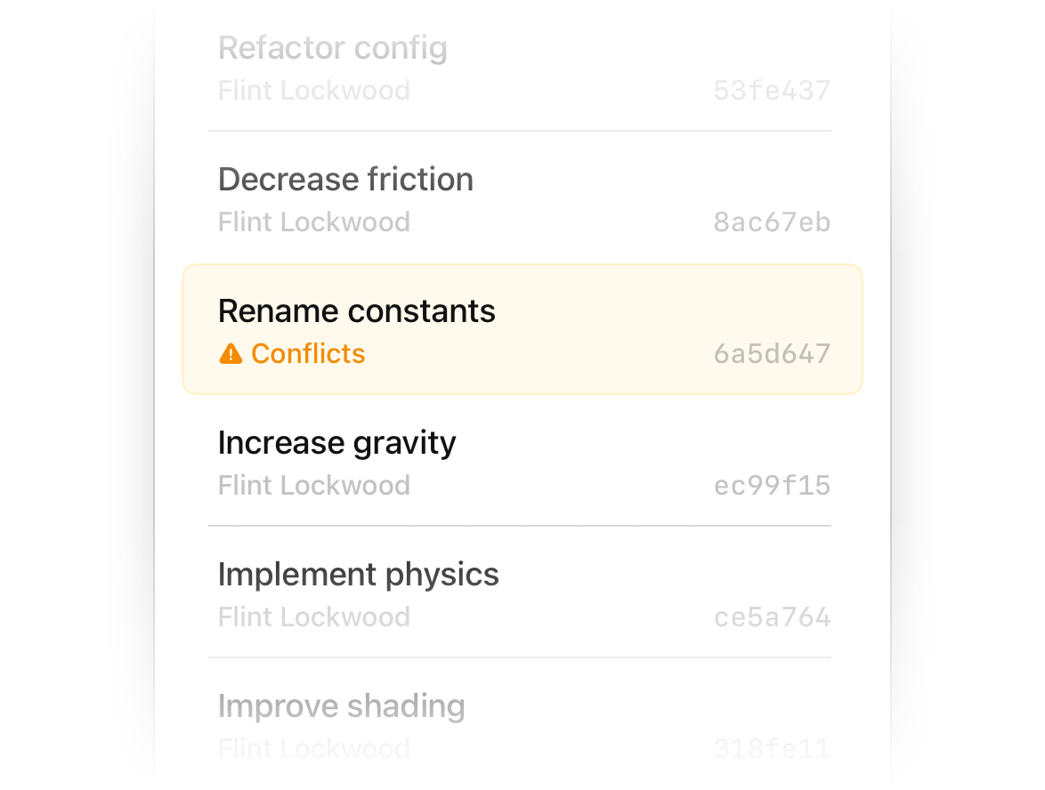 The same commit list. The new commit has been inserted, and the following one, titled “Rename constants”, now contains conflicts.